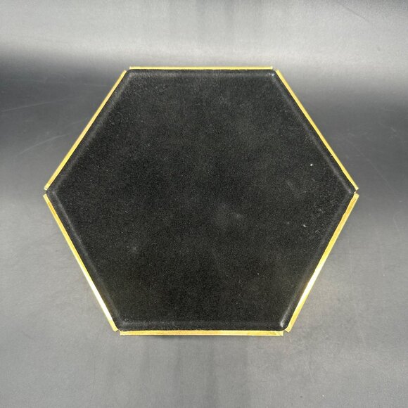 Vintage Jewelry Box Hexagon Ribbed Clear Glass Brass Hinged Top Mirrored Inside - Picture 5 of 11